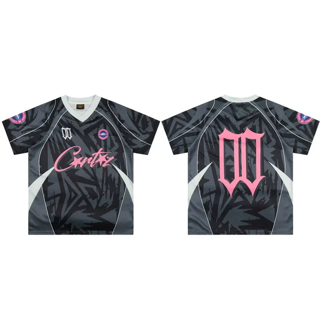 Corteiz Geometric Graphic Athletic Jersey T-Shirt - Black/Grey/Pink Hover Image