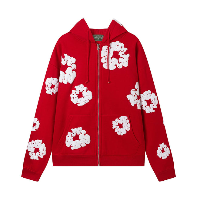 "Denim Tears" Red Floral Pattern Full-Zip Hoodie Hover Image